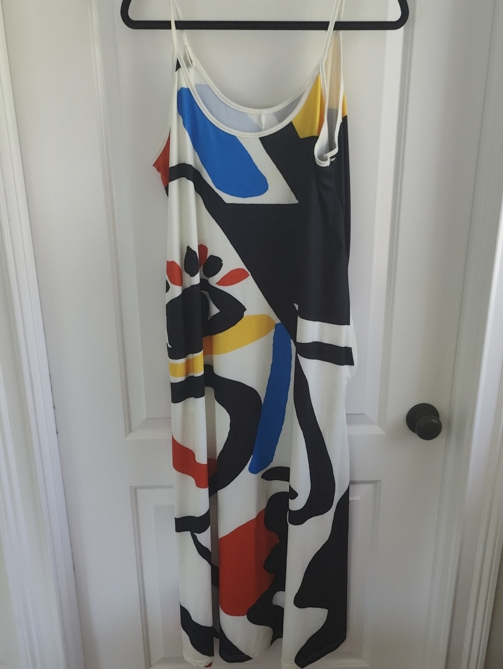 Abstract Print White Slip Maxi Dress with Blue, Black & Red Accents